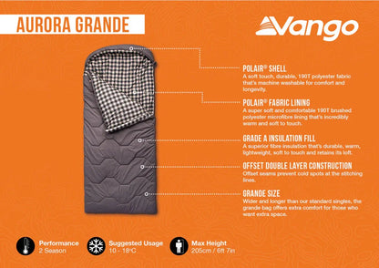 Vango Aurora Grande sleeping bag with Polair shell, Grade A insulation, and grande size for 2-season camping comfort