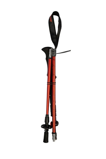 Red trekking poles with black straps and ergonomic handles for hiking and outdoor adventures