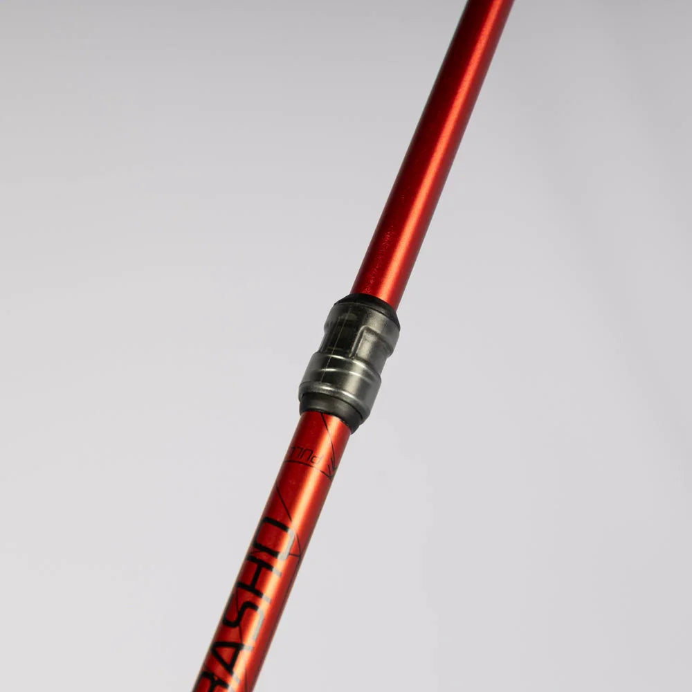 Red BASHO tent pole with metal connector, ideal for camping and outdoor adventures.