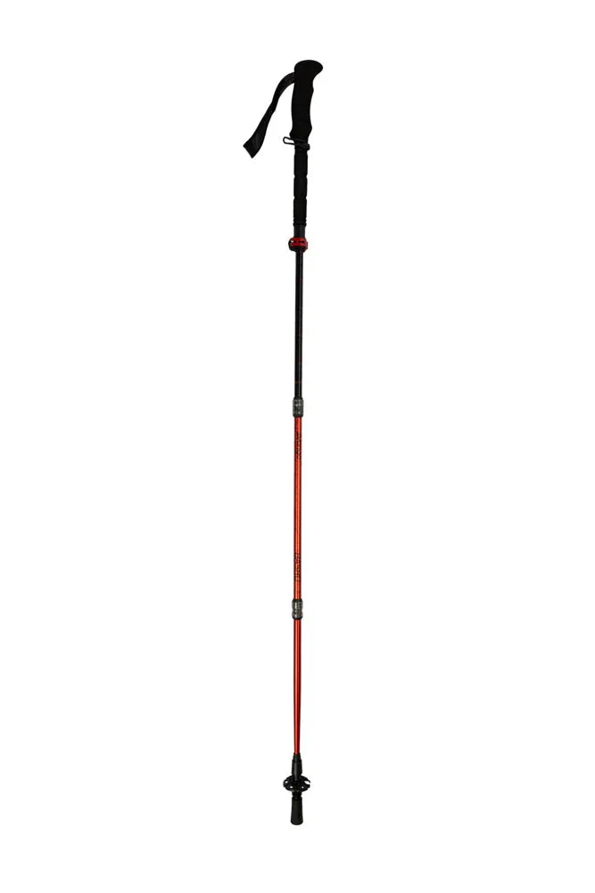 Adjustable hiking trekking pole with ergonomic grip and red shaft for outdoor adventures and camping trips.