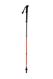 Adjustable hiking trekking pole with ergonomic grip and red shaft for outdoor adventures and camping trips.
