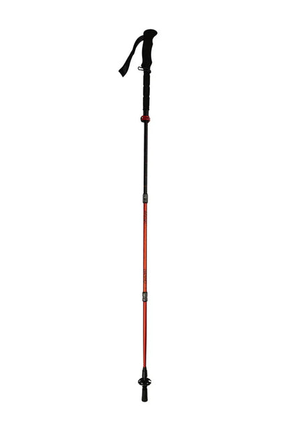 Adjustable hiking trekking pole with ergonomic grip and red shaft for outdoor adventures and camping trips.
