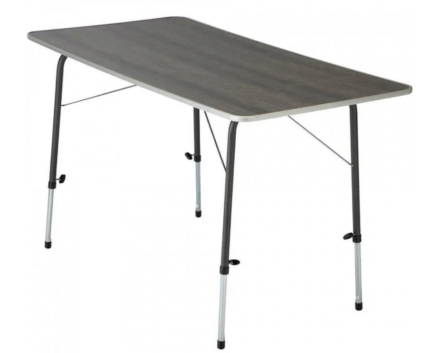 Portable folding camping table with grey wood-effect top and adjustable legs for outdoor use