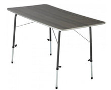 Portable folding camping table with grey wood-effect top and adjustable legs for outdoor use