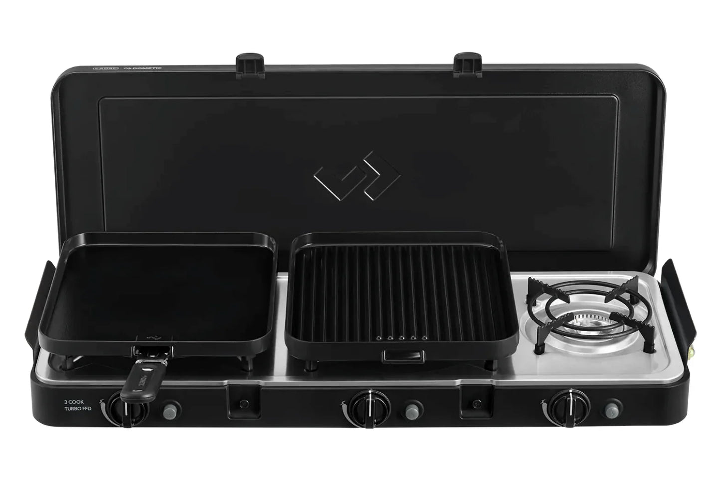 Portable gas stove with two burners and a grill on a white background