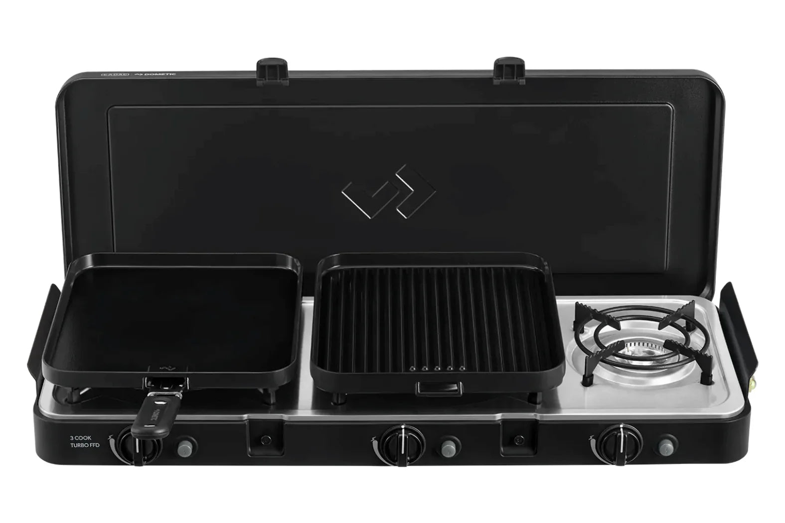 Portable gas stove with two burners and a grill on a white background