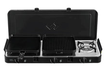 Portable gas stove with two burners and a grill on a white background
