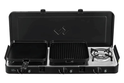 Portable gas stove with two burners and a grill on a white background