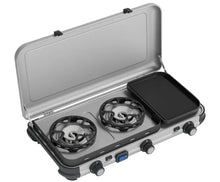 Portable 2-burner camping stove with griddle, ideal for outdoor cooking and caravanning adventures