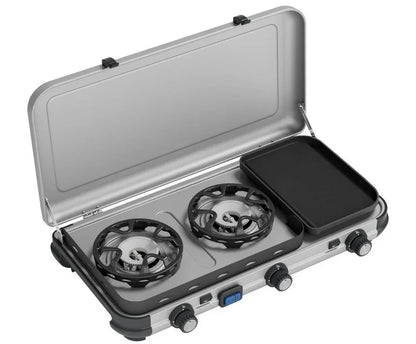 Portable 2-burner camping stove with griddle, ideal for outdoor cooking and caravanning adventures