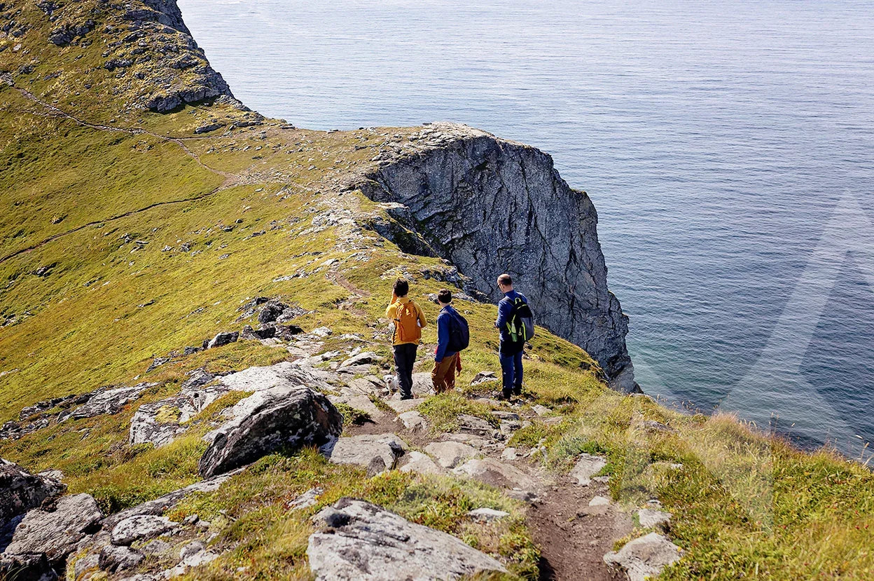 Three hikers on a cliff overlooking the ocean