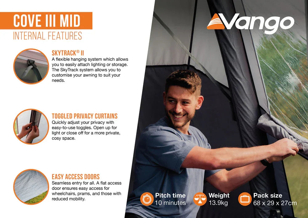 Man adjusting Vango Cove III Mid tent with SkyTrack II, privacy curtains, and easy access doors for camping adventures.