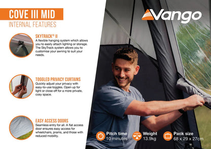 Man adjusting Vango Cove III Mid tent with SkyTrack II, privacy curtains, and easy access doors for camping adventures.