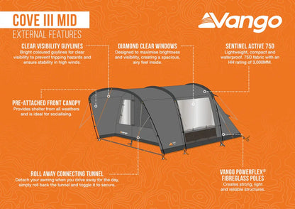 Vango Cove III Mid tent with clear windows, pre-attached canopy, and roll-away tunnel for camping adventures