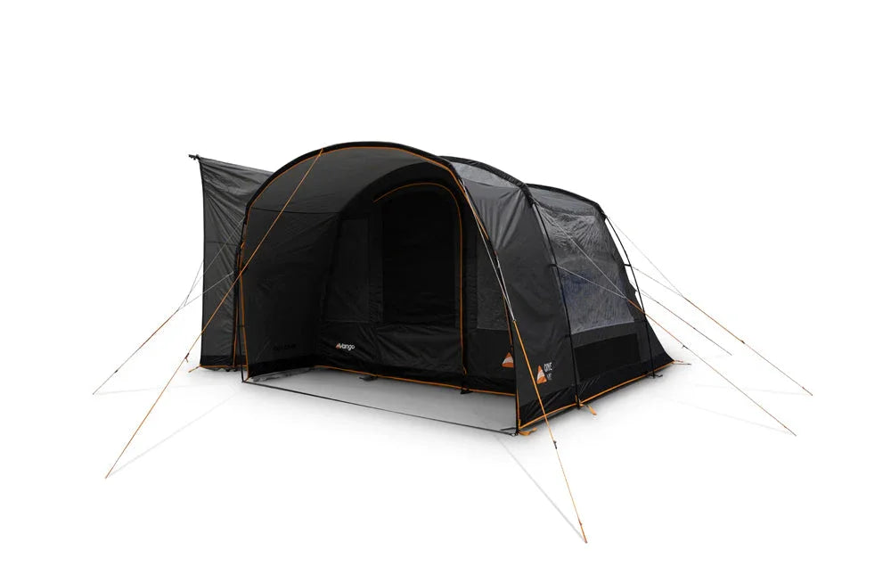 Black Kampa caravan awning with orange trim, setup for camping adventures