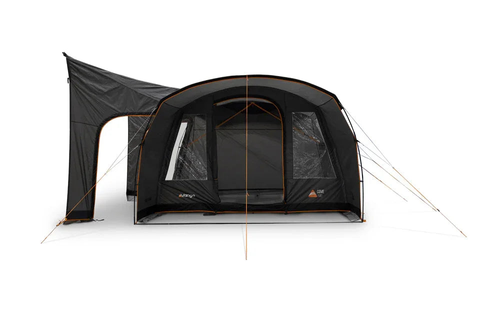 Black caravan awning with side canopy, orange trim, and mesh windows for camping adventures