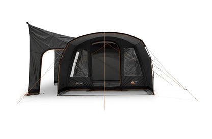 Black caravan awning with side canopy, orange trim, and mesh windows for camping adventures