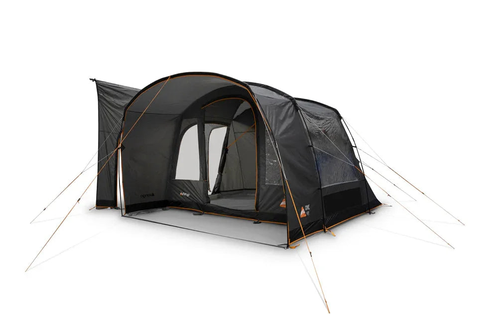 Black camping tent with orange accents, ideal for outdoor adventures and caravanning trips