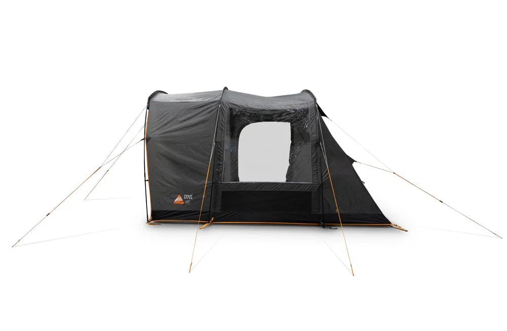 Black camping tent with large window and orange accents for outdoor adventures
