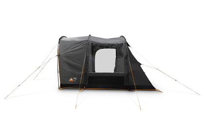 Black camping tent with large window and orange accents for outdoor adventures