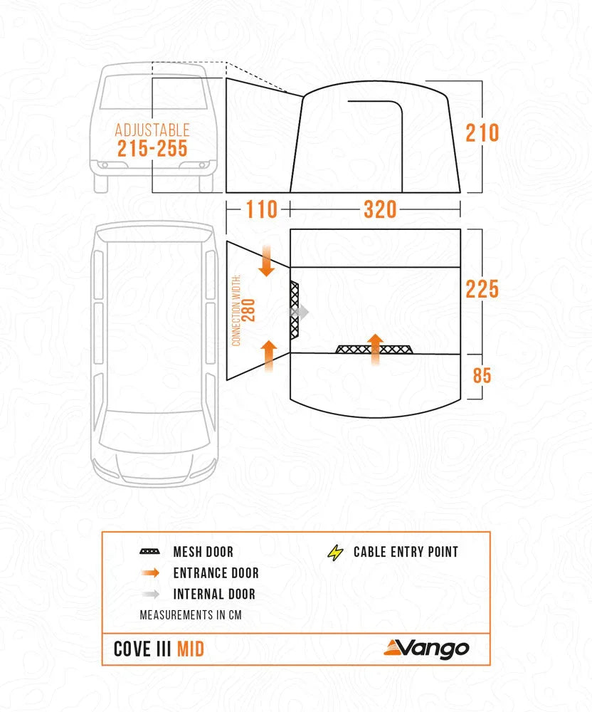 Vango Cove III Mid awning dimensions with mesh door, entrance, and cable entry point details