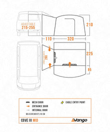 Vango Cove III Mid awning dimensions with mesh door, entrance, and cable entry point details