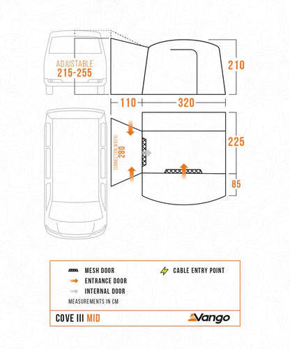 Vango Cove III Mid awning dimensions with mesh door, entrance, and cable entry point details