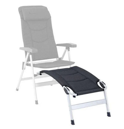 Grey and black adjustable camping chair with footrest, ideal for outdoor relaxation and caravanning adventures.