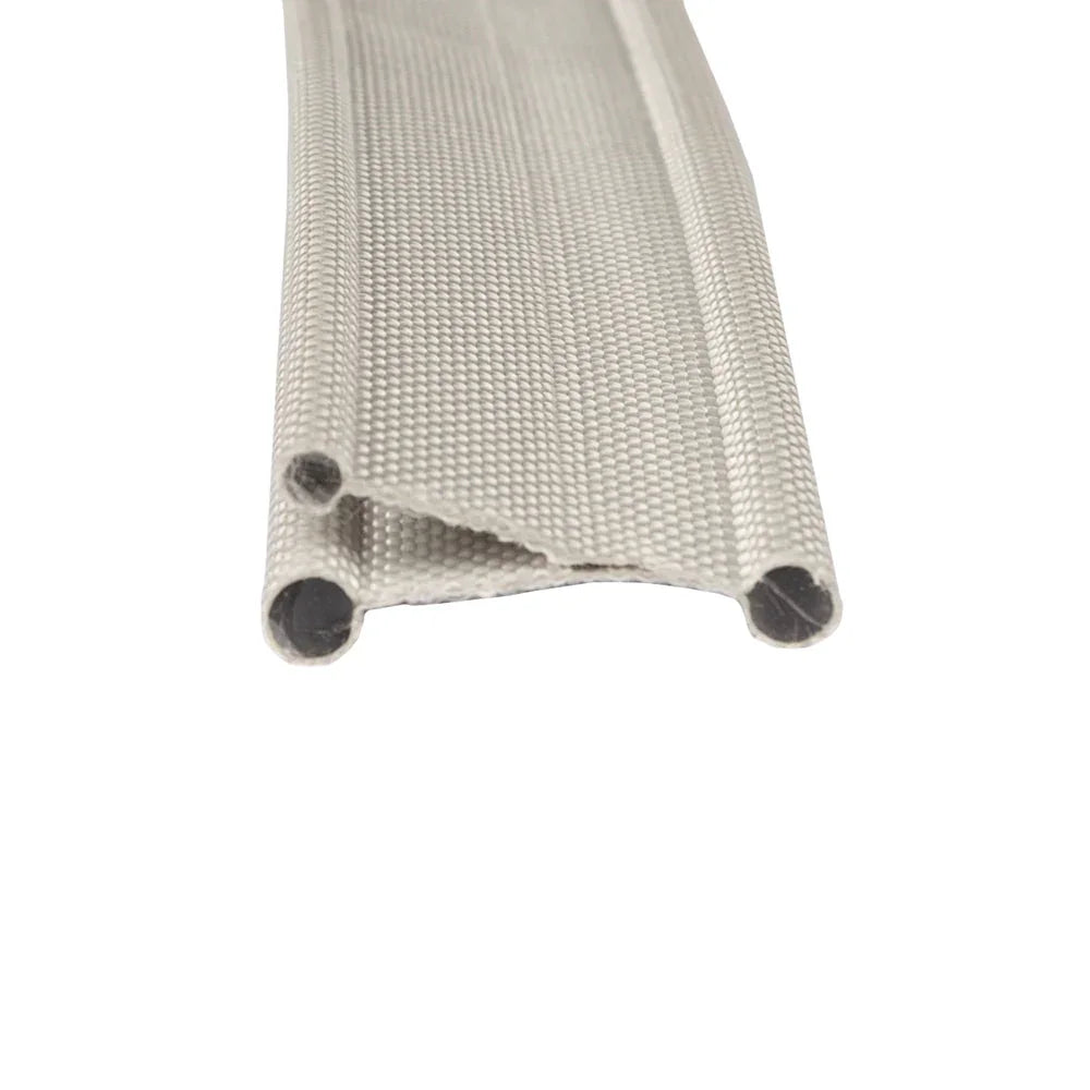White textured caravan awning rail with black end caps for outdoor camping gear