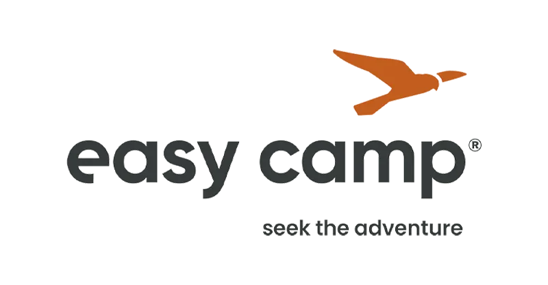 The logo for 'easy camp' featuring an orange flying bird silhouette above the brand name in dark gray, with the tagline 'seek the adventure' underneath, all on a plain white background.