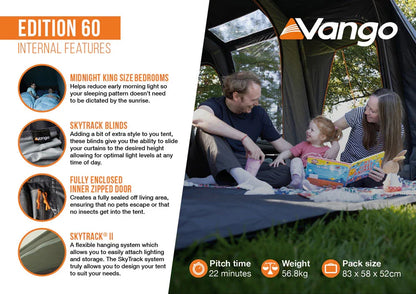 Vango Edition 60 family tent with midnight king bedrooms, SkyTrack blinds, and inner zipped door for camping adventures