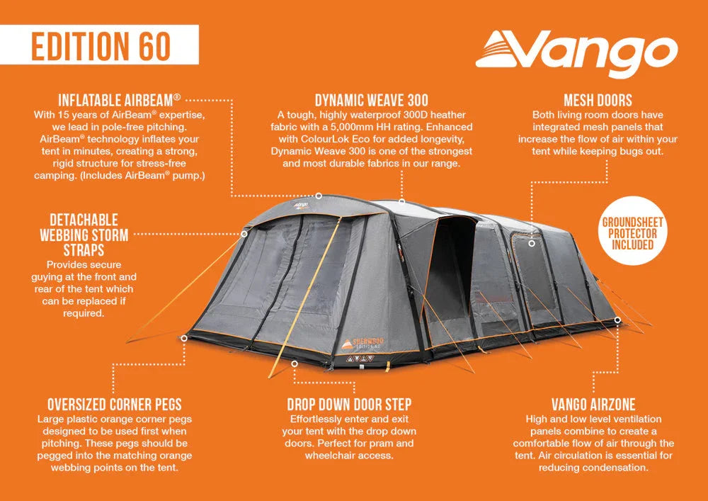 Vango Edition 60 inflatable airbeam tent with mesh doors, drop-down step, and groundsheet protector for camping adventures