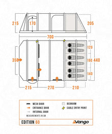Vango Edition 60 tent floor plan with dimensions, mesh doors, bedrooms, and cable entry points for camping gear.