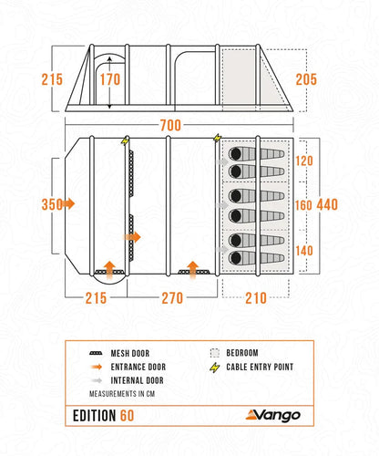 Vango Edition 60 tent floor plan with dimensions, mesh doors, bedrooms, and cable entry points for camping gear.