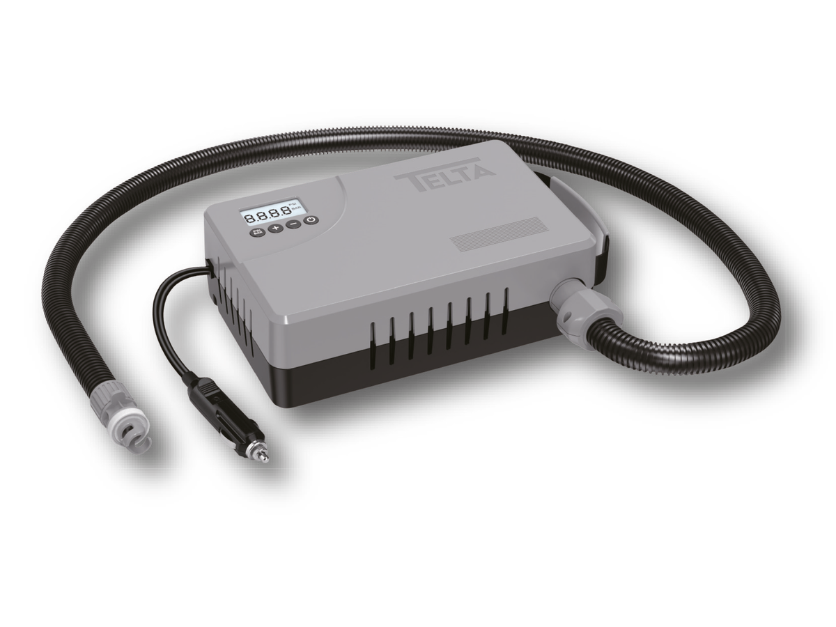 Gray electronic device with black cable on a white background