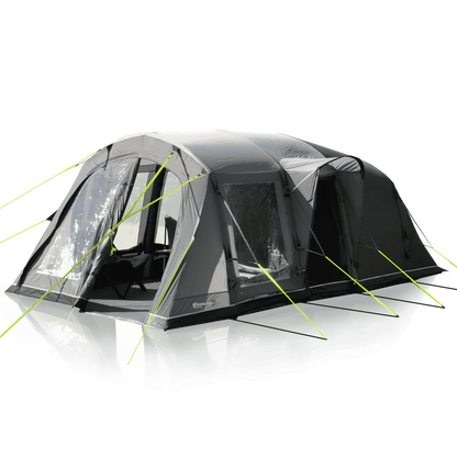Large grey family camping tent with mesh windows and bright green guy lines for outdoor adventures