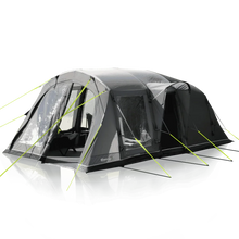 Large gray camping tent with green guy lines and mesh windows for outdoor adventures