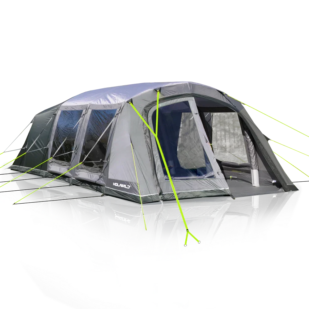 Large gray camping tent with neon green guy lines and multiple windows for outdoor adventures