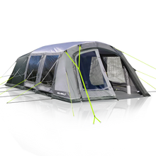 Large gray camping tent with neon green guy lines and multiple windows for outdoor adventures