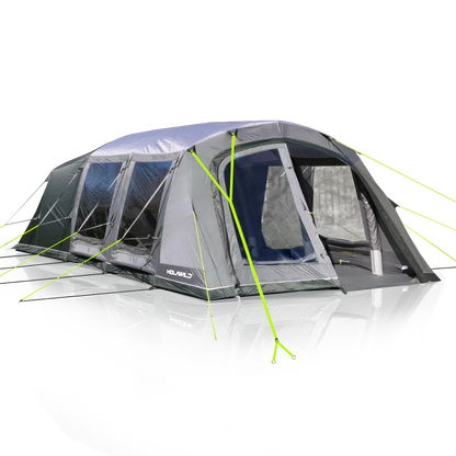 Large gray camping tent with neon green guy lines and multiple windows for outdoor adventures