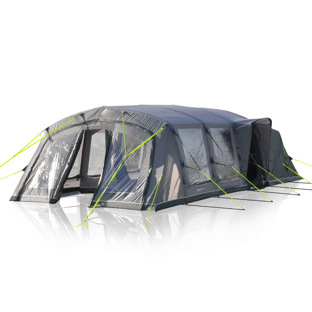 Large inflatable camping tent with multiple rooms, clear windows, and bright green guy lines for outdoor adventures
