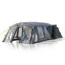 Large inflatable camping tent with multiple rooms, clear windows, and bright green guy lines for outdoor adventures