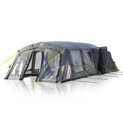Large inflatable camping tent with multiple rooms, clear windows, and bright green guy lines for outdoor adventures