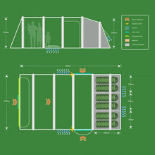 Caravan awning layout diagram with dimensions, airflow, and sleeping areas for outdoor camping gear