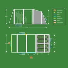 Caravan awning layout with dimensions, sleeping areas, and features like electric access and air vents for camping trips.