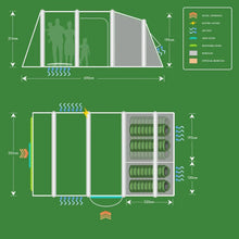 Caravan awning layout diagram showing dimensions, bedrooms, air vents, and electric access for camping gear