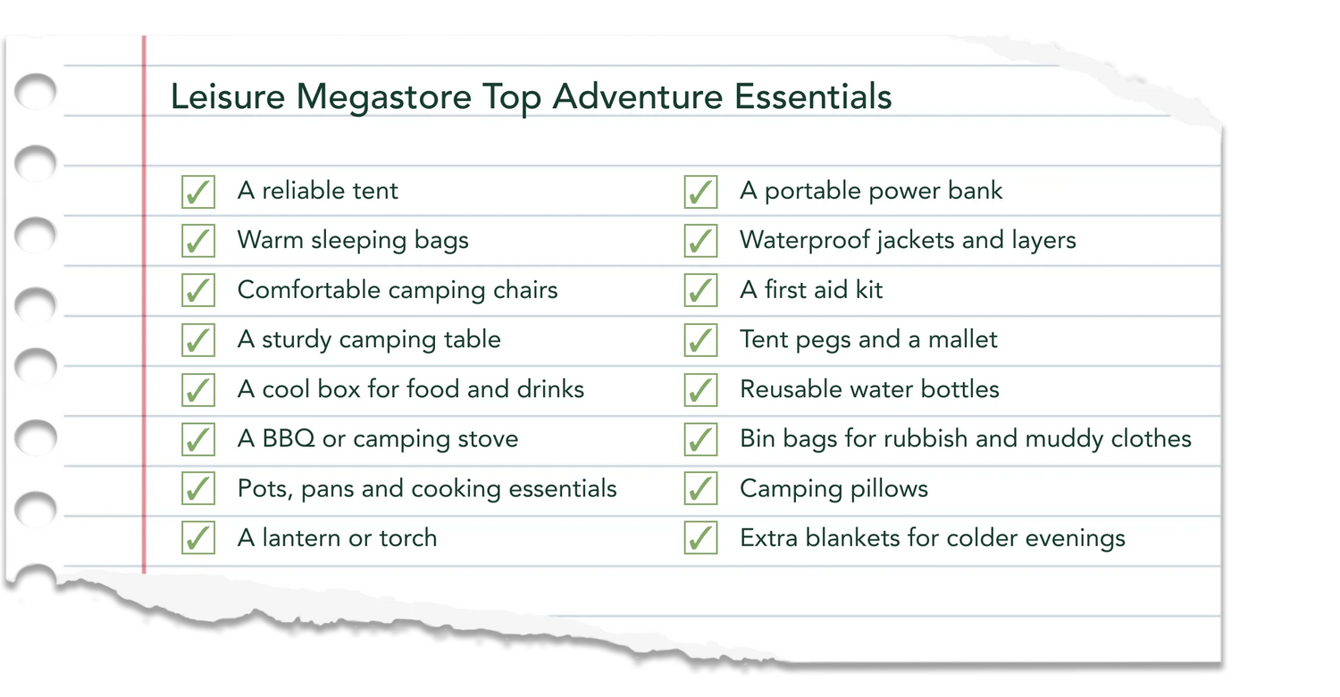 List of Leisure Megastore Top 16 Adventure Essentials on a white background