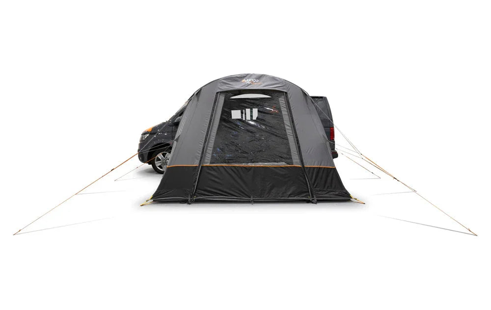 Grey and black caravan awning attached to van, featuring mesh window and orange trim for camping adventures