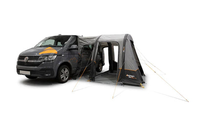 Vango AirBeam motorhome awning attached to grey campervan, ideal for camping and outdoor adventures
