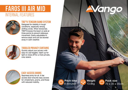 Man setting up Vango Faros III Air Mid tent with TBS tension band, privacy curtains, and easy access doors for camping adventures.